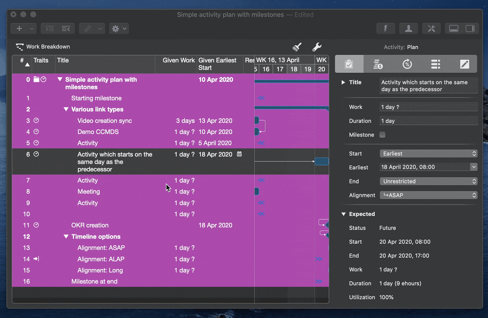 Activity plan with milestones in Merlin Project Express